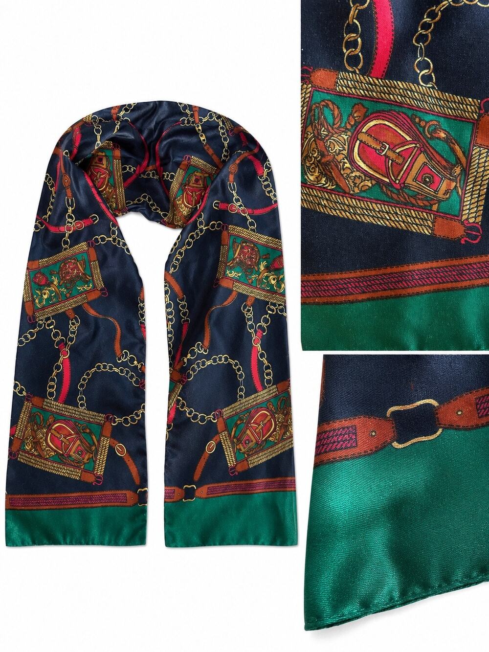 Vintage Equestrian Chain Print Oblong Scarf Navy Red Green Satin Horse Bridle